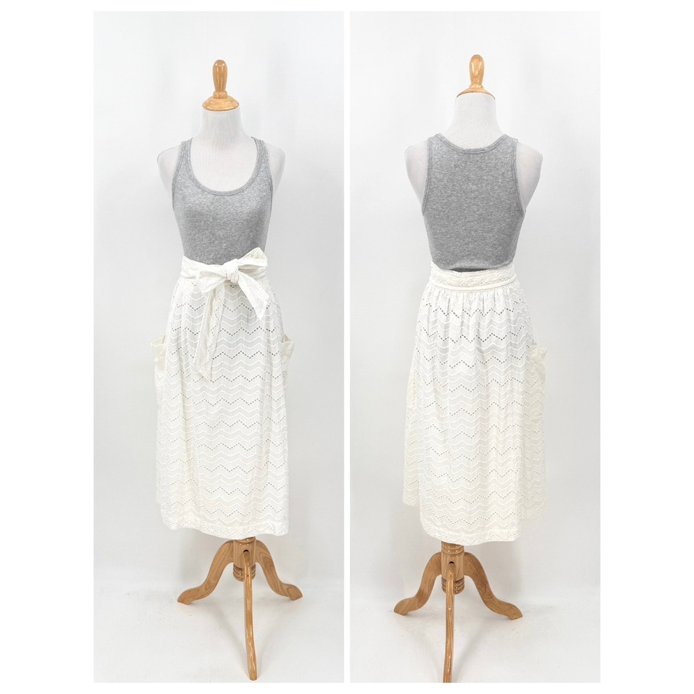 Tracy Reese x Anthropologie A-line Skirt Women 14 White Eyelet Tie Waist Midi - Picture 4 of 16